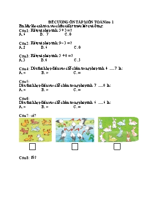 Đề cương ôn tập Toán Lớp 1 Sách Kết nối tri thức với cuộc sống - Năm học 2021-2022