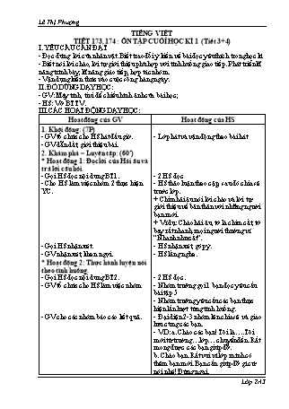 Giáo án Tiếng Việt Lớp 2 Sách Kết nối tri thức với cuộc sống - Tiết 173+174: Ôn tập cuối học kì 1 (Tiết 3+4) - Lê Thị Phượng