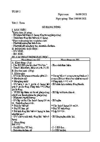 Giáo án Toán và Tiếng Việt Lớp 2 Sách Kết nối tri thức với cuộc sống - Tuần 2 - Năm học 2021-2022