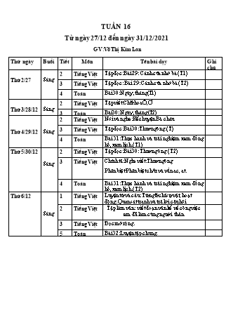 Giáo án Toán và Tiếng Việt Lớp 2 Sách Kết nối tri thức với cuộc sống - Tuần 16 - Năm học 2021-2022 - Võ Thị Kim Lan