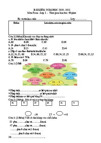 Đề kiểm tra Học kì 2 Toán Lớp 1 Sách Kết nối tri thức với cuộc sống - Năm học 2020-2021