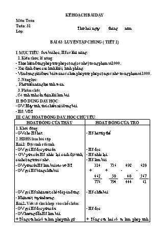 Kế hoạch bài dạy Toán Lớp 2 Sách Kết nối tri thức với cuộc sống - Tuần 31