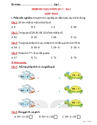 Phiếu ôn tập Toán Lớp 1 Sách Kết nối tri thức với cuộc sống - Tuần 27 - Tiết 2