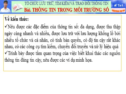 Bài giảng Tin học 8 (Kết nối tri thức với cuộc sống) - Chủ đề 2: Tổ chức lưu trữ, tìm kiếm và trao đổi thông tin - Bài 2: Thông tin trong môi trường số