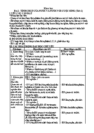 Giáo án Khoa học 4 (Kết nối tri thức với cuộc sống) - Bài 1: Tính chất của nước và nước với cuộc sống