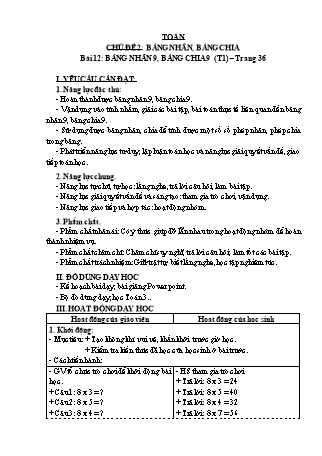 Giáo án Toán học 3 (Kết nối tri thức với cuộc sống) - Chủ đề 2: Bảng nhân, bảng chia - Bài 12: Bảng nhân 9, bảng chia 9 (Tiết 1)