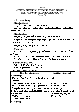 Giáo án Toán học 3 (Kết nối tri thức với cuộc sống) - Chủ đề 4: Phép nhân, phép chia trong phạm vi 100 - Bài 25: Phép chia hết, phép chia có dư (Tiết 2)