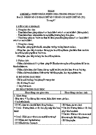 Giáo án Toán học 3 (Kết nối tri thức với cuộc sống) - Chủ đề 4: Phép nhân, phép chia trong phạm vi 100 - Bài 23: Nhân số có hai chữ số với số có một chữ số (Tiết 1)